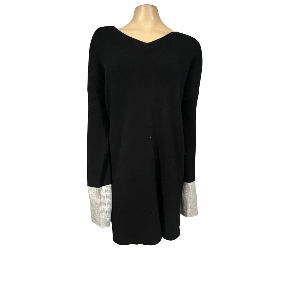 Naadam Wool Cashmere Colorblock V-Neck Tunic Dress Black Old Money NWT XL